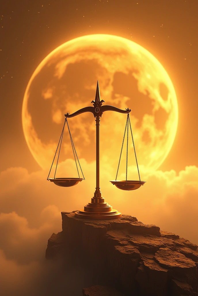 Visualize the planet Venus with its dense, yellowish atmosphere, with thick clouds of acidic gases creating a soft, diffuse glow. En el centro de la imagen, position a stylized balance scale, representing the Libra sign. The scale can be floating in space, with a futuristic design that contrasts with the opaque appearance of Venus. The background can include a hazy sky with shades of orange and yellow, reflecting the atmosphere of the planet. Add details like twinkling stars and the soft light that shines through Venus's clouds to create a sense of mystery and elegance.