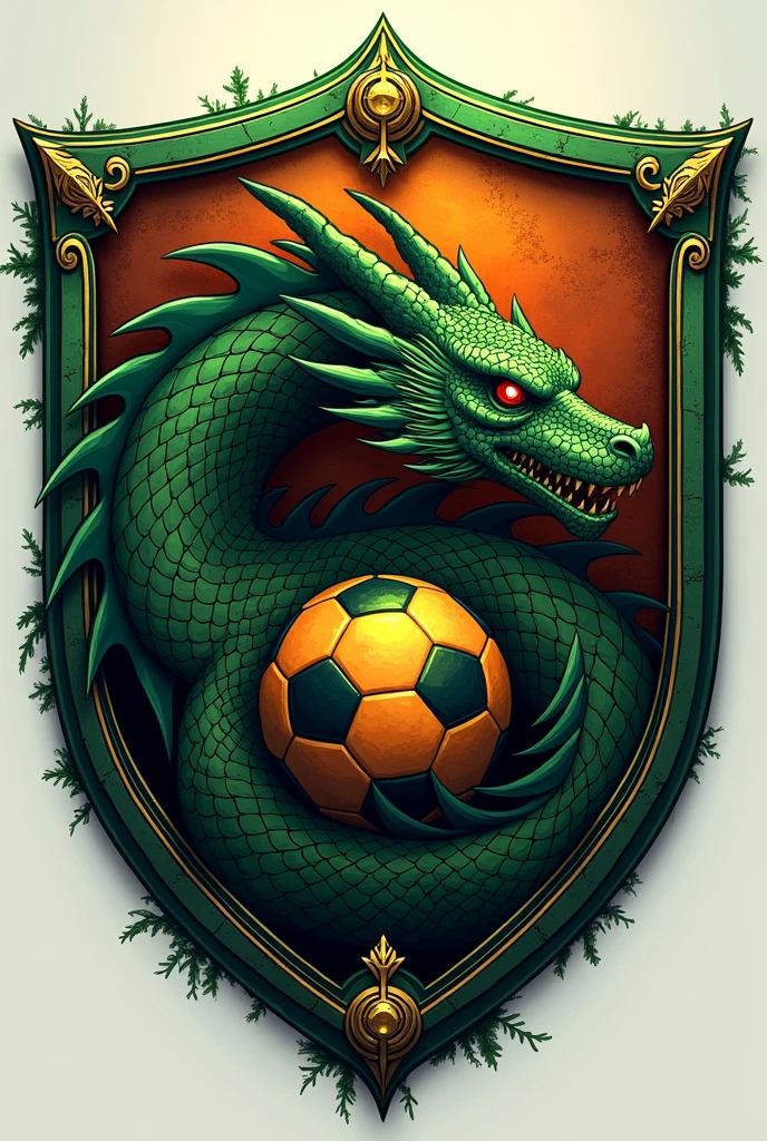 Draw a shield with a dragon in the center, with the colors green, black and orange and a small soccer ball .mas escrever corretamente a.a.DRaGÕES Da PONTE EM PORTUGUÊS  escrito como está ai