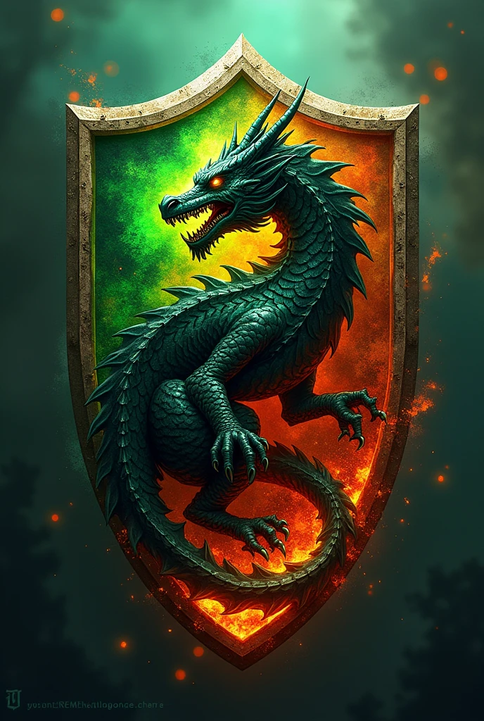 Draw a shield with a dragon in the center, with the colors green, black and orange and a small soccer ball .mas escrever corretamente a.a.DRaGÕES Da PONTE EM PORTUGUÊS escrito como está ai