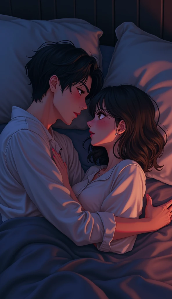 "Create an anime-style image featuring a 21-year-old boy and girl lying together on a single bed in a dimly lit, intimate room with a dark atmosphere. The boy has a flirty, intense expression, his eyes filled with desire, while the girl, blushing deeply, lies beside him with a mix of nervousness and attraction. Both are wearing modern clothing; the boy in a stylish, fitted shirt and the girl in a contemporary, slightly disheveled outfit. The room is bathed in deep shadows, with the darkness creating a mysterious, intimate vibe. Soft, luxurious fabrics like dark silk sheets and heavy curtains enhance the sensual, intimate setting, emphasizing the charged, close moment between them."