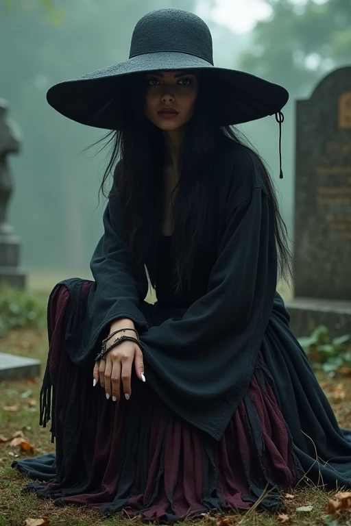 Pombagira Maria rag of souls, works in the cemetery. Wear a round black hat, boho style that covers the eyes, black and dark red rag skirt, long, disheveled black hair, lowered/squat