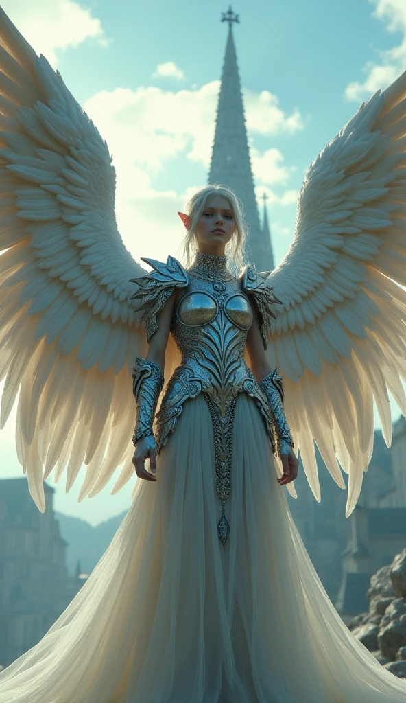 A very beautiful angel in chainmail, blue sky, With a medieval European church in the background, Cinematic lighting