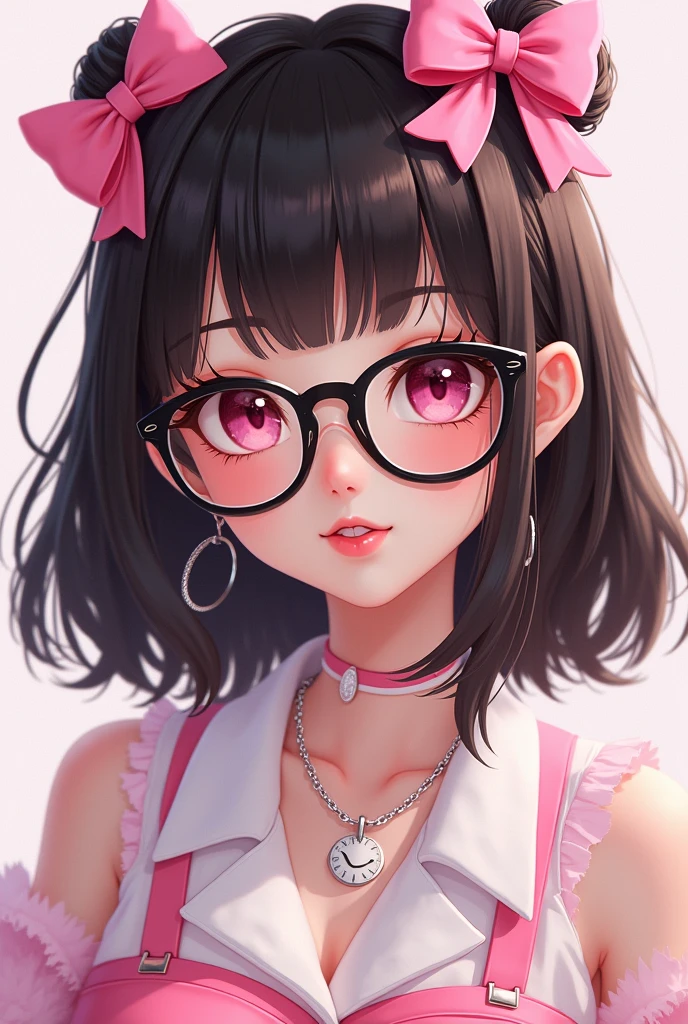 Create a 2D adult avatar wearing a pink and white outfit., with silky, medium-length, dark brown hair, wearing black glasses and with excessively cute and pink makeup, Also add cute and adorable accessories 
