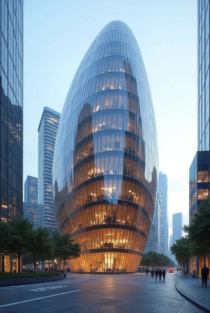 Modern building made of glass with a coffee bean shape
