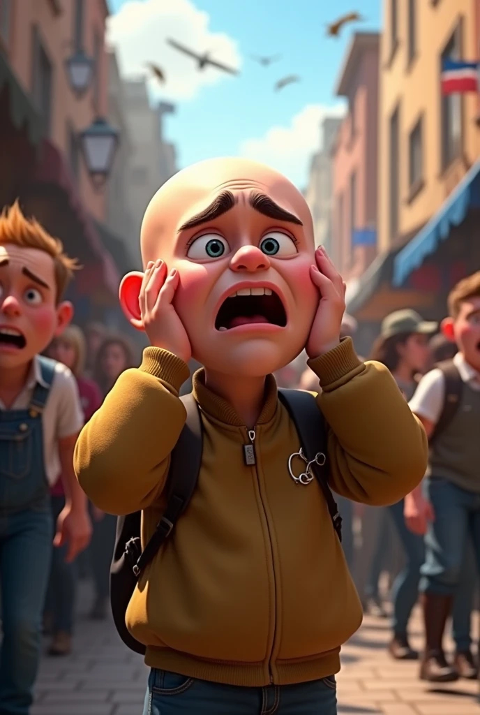 Pixar cartoon bald man with autism crying and covering his ears disturbed by the noise made by people