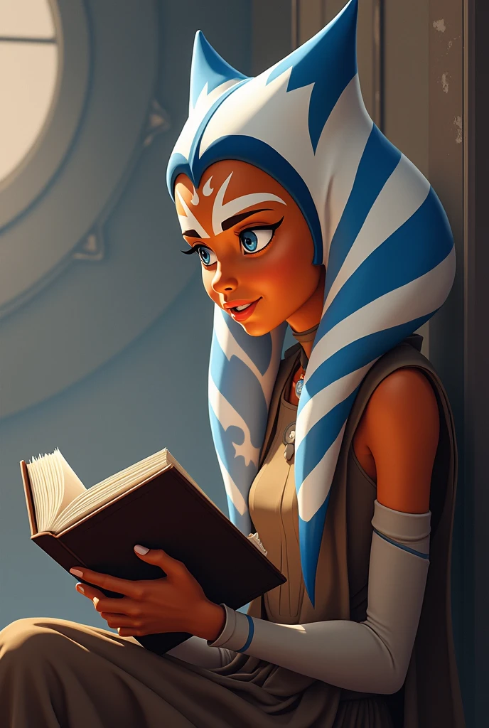 Ahsoka Tano from Star Wars reading a book, animated but not too animated., like in Star Wars: The Clone Wars, from the profile and illuminated