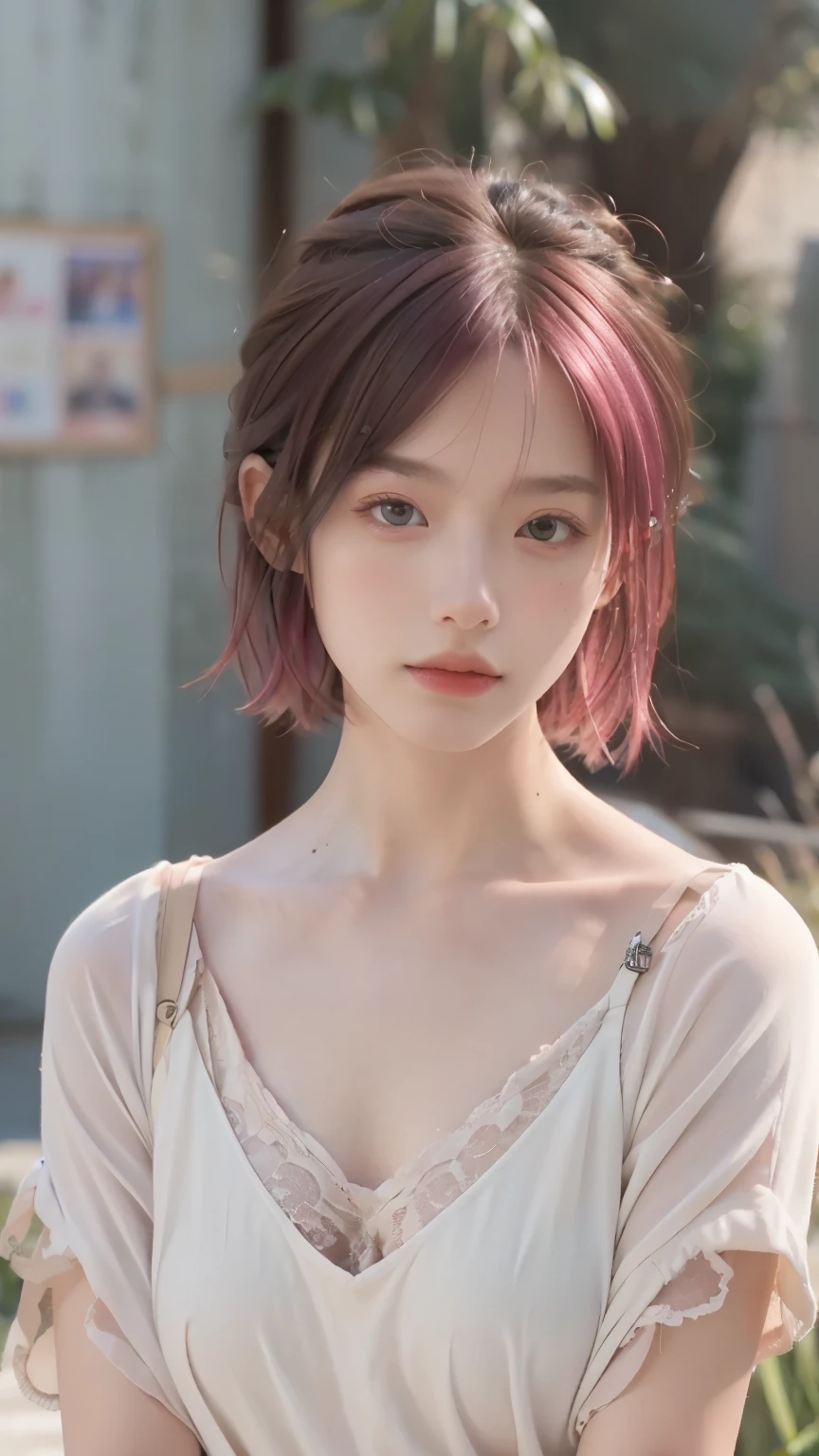 最high quality, masterpiece, 超High resolution, (Realistic:1.4), RAW Photos, 1 person,, short hair,, (masterpiece, 最high quality, high quality, High resolution, Very detailed),Pink Hair