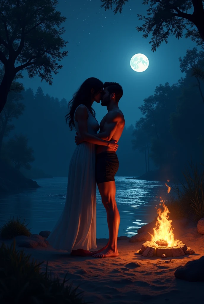I want a picture of a couple at a campsite, near the river, kissing(the night) and he is shirtless(the woman is wearing clothes)