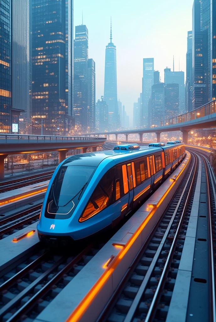 Modern Metro with 6 wagons, colors are blue and orange, electric