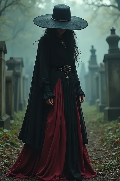 Pombagira Maria rag of souls, works in the cemetery. Wear a round black hat, boho style that covers the eyes, black and dark red rag skirt, long, disheveled black hair, lowered/squat