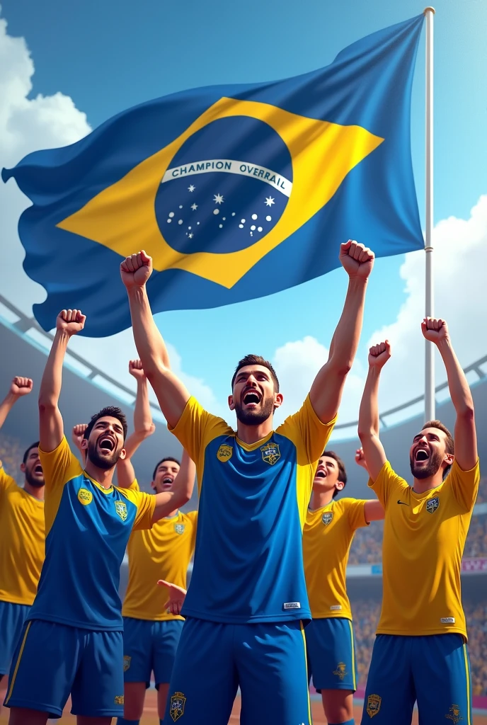 Create an image of several athletes celebrating the overall champion title with a blue and yellow flag with the name "Champion Overall" in Portuguese and athletes wearing blue and yellow uniforms. The flag should be blue and yellow with the name "Champion Overall".