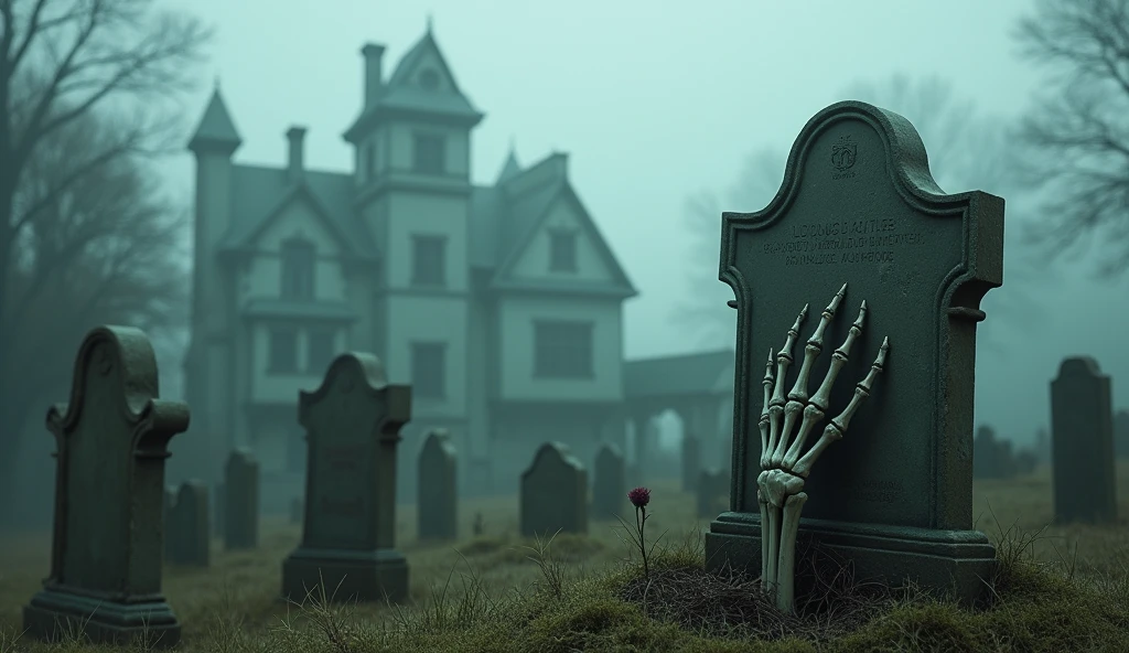 A small cemetery near the mansion, shrouded in mist. The tombstones are old and covered in moss, with partially worn inscriptions. One of the tombstones has a skeletal hand emerging from the ground, as if someone is trying to get out.