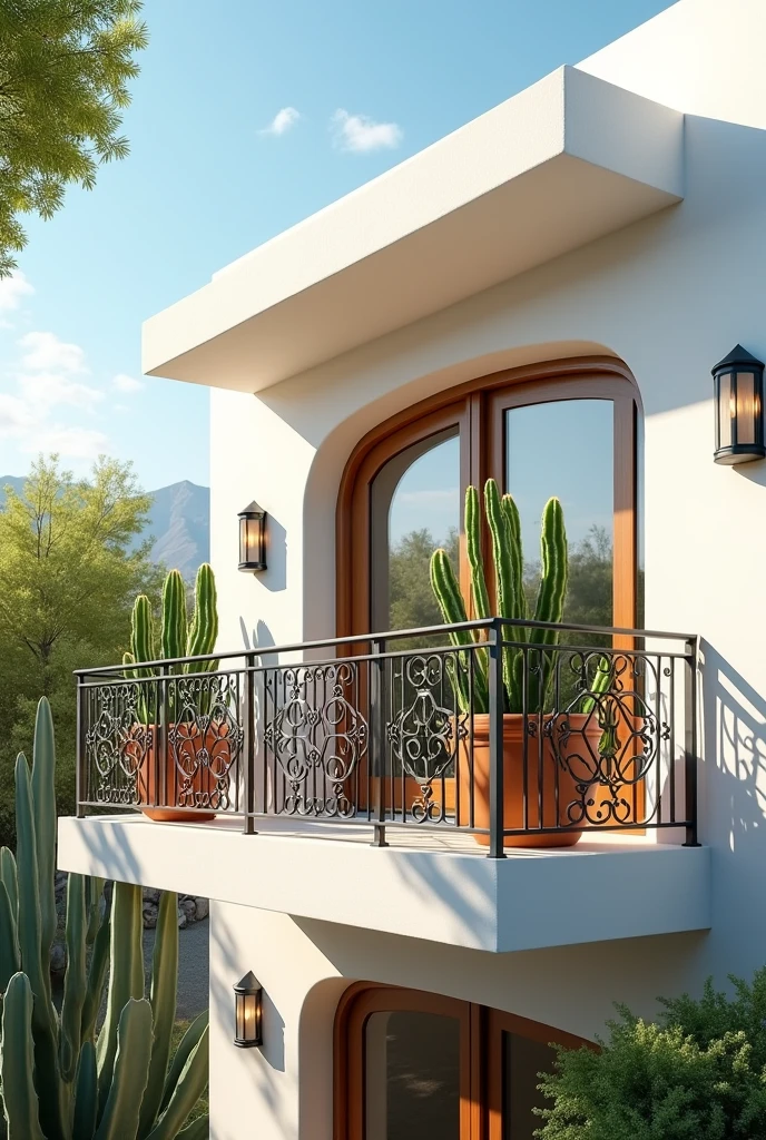 Show images of railings on the second floor of a modern Mediterranean style house with cactus