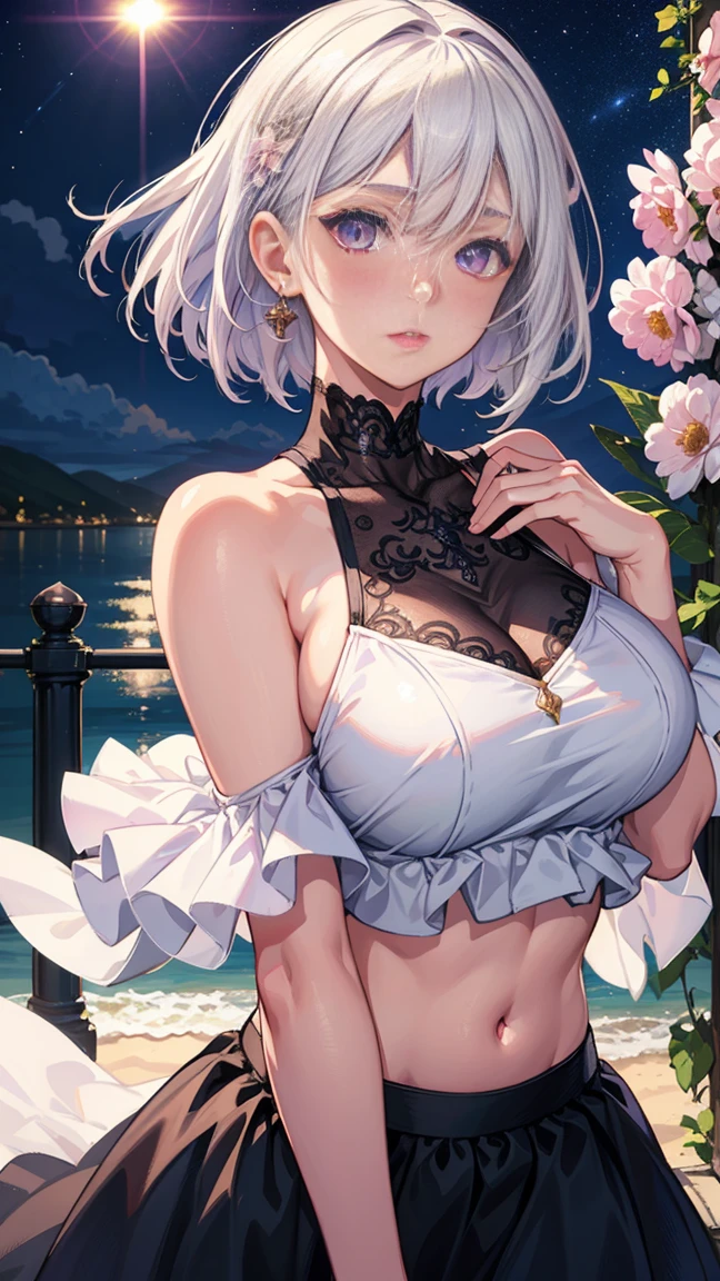 realistic, 1girl, white hair, purple eyes, glowing eyes, bare shoulder, crop top, skirt, parted lips, blush, night, flowers, sun, sunlight, looking at viewer, detailed face, detailed eyes, detailed texture,