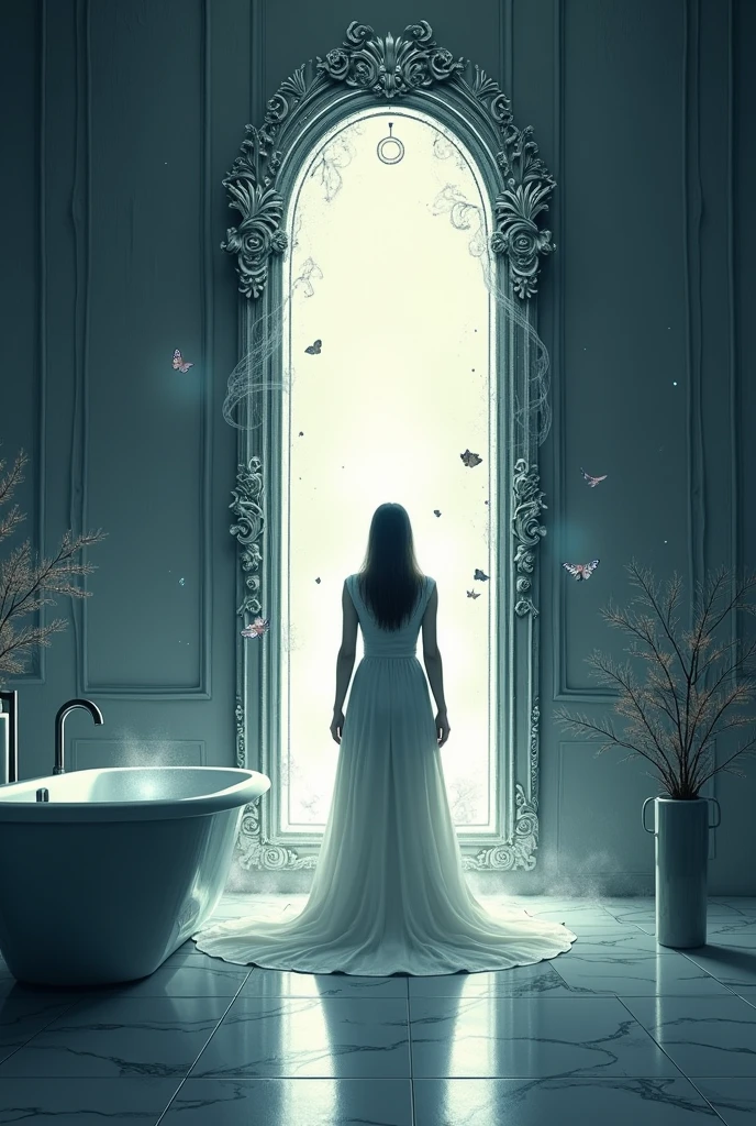 Crée une illustration symbolique d'une salle de bain moderne, où un grand miroir occupe le centre de la scène. Le miroir doit être détaillé, avec un cadre en cristal et des lignes argentées qui captent et déforment la lumière. Montre une figure en train de se regarder dans le miroir, avec un jeu d'ombres et de lumières évoquant la danse des reflets. La figure semble perdue dans une contemplation profonde, avec des éléments éthérés et fantomatiques flottant autour d'elle pour représenter le dialogue intérieur et la frontière entre le réel et l'imaginaire. Ajoute des détails subtils comme des éclats de lumière et des fragments de souvenirs en arrière-plan pour renforcer l'idée d'une exploration intime et poétique.