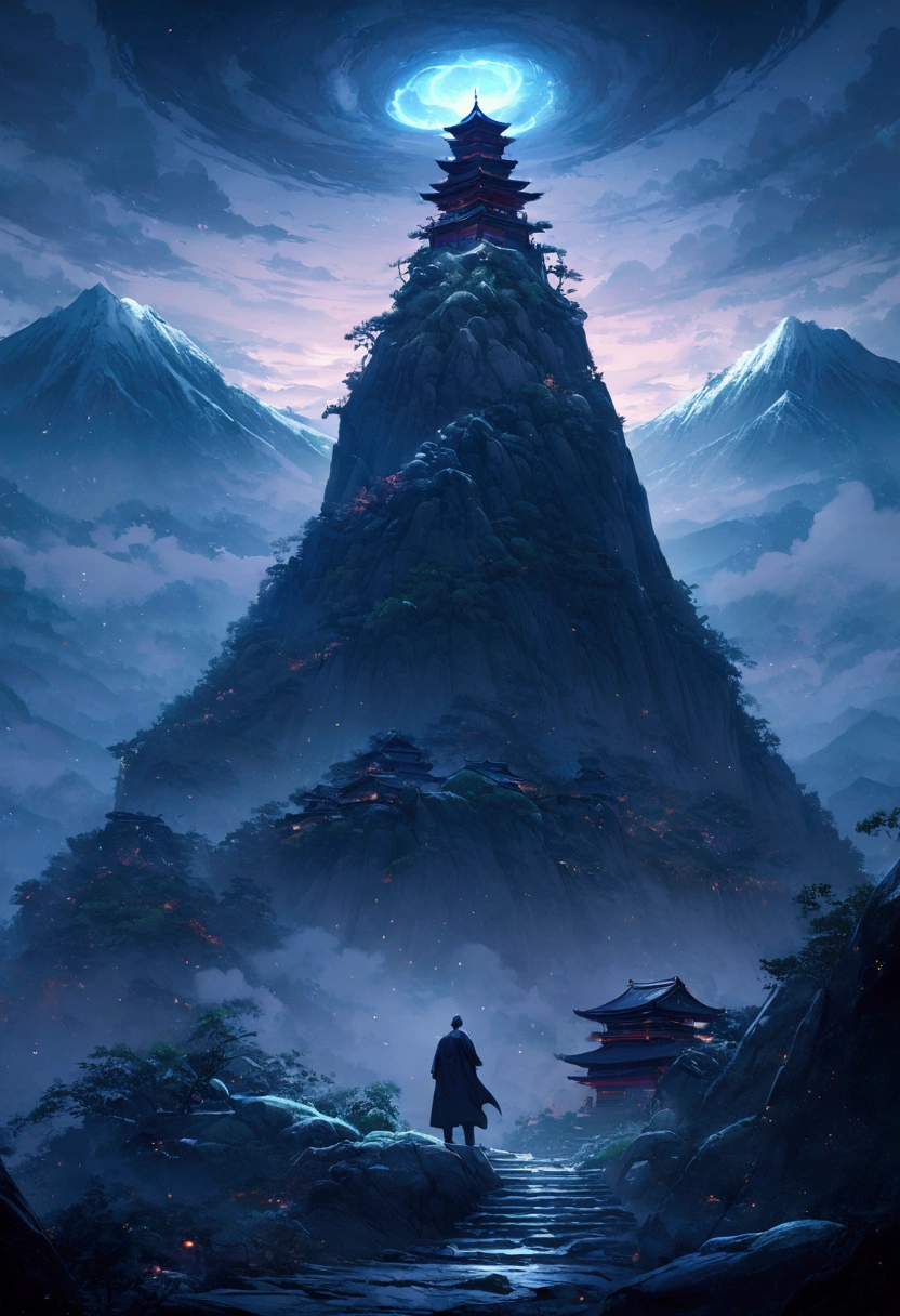 dojo atop a mountain , wrapped in hurricanes and tornadoes with his master at the top waiting for challengers