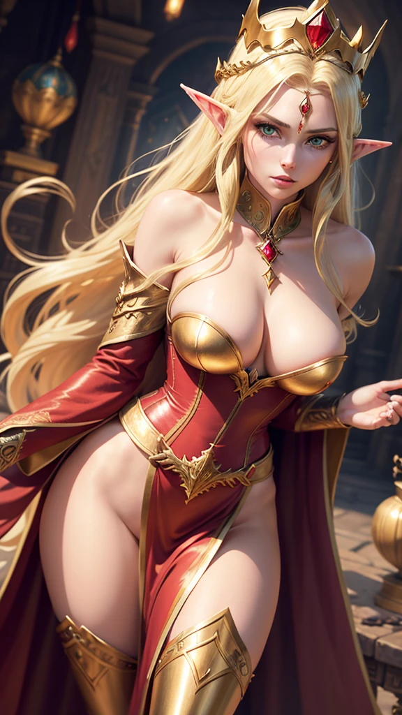 Woman, Linda, queen elf, greeneyes, long, straight, golden hair, a crown on top of her head, gold and ruby ornament on her forehead, bountiful breasts, RPG armor, RPG Clériga, elf ears, leather corset, long robe, jewels and ornaments at the waist, flying, pantyhose.