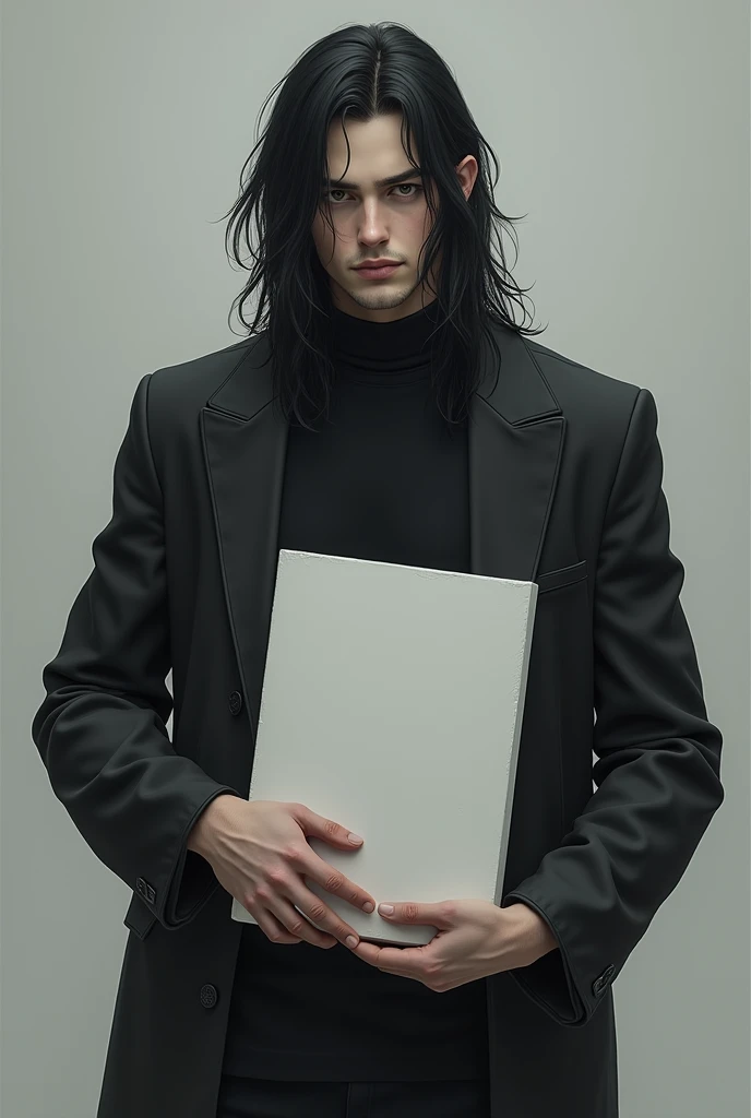 Handsome, muscular ager
Tall with black, long hair , with black clothes and handsome , with a sad grayish background environment in their hands with a blank canvas