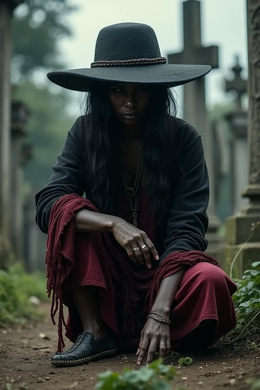 Pombagira Maria rag of souls, works in the cemetery. Wear a round black hat, boho style that covers the eyes, wear black and dark red rags, long, disheveled black hair, lowered/squat