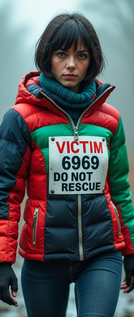 woman, lightweight tight down jacket,collar only, cold weather:1.0, sport small race bib "VICTIM 6969 DO NOT RESCUE", tight jeans, in bog,red, green, blue, black, bob-cut