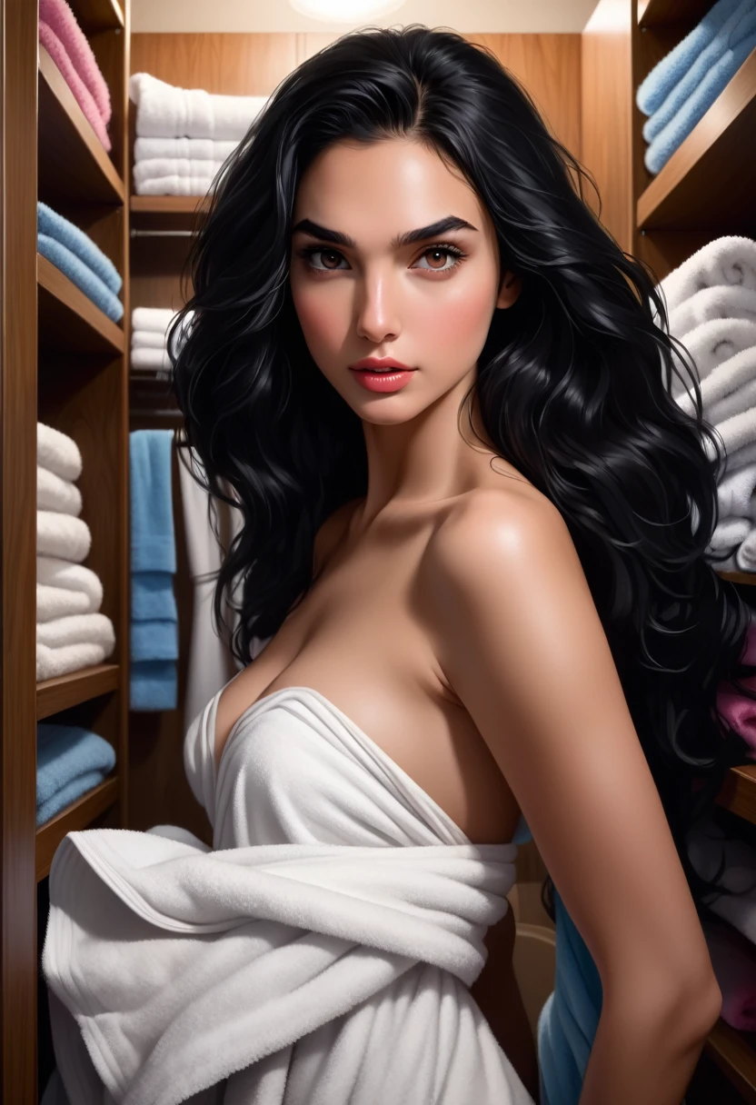 18 year old girl, huge black hair, eyes black, beautiful like Gal Gadot, towel roll moving around in a closet