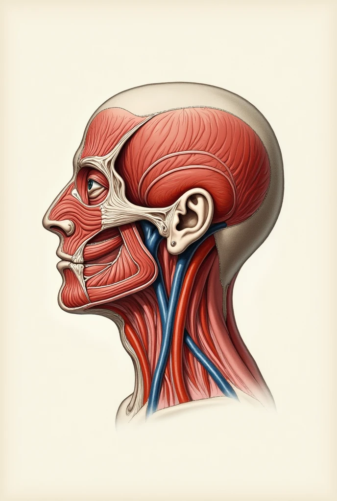 Here is a phrase you can use to generate an image similar to the one you provided, including all the veins and arteries listed:

"Create a detailed medical illustration of the human head in lateral profile, displaying the vascular system with a focus on the following veins: Parietal emissary vein, Superficial temporal vein, Retromandibular vein, Occipital vein, Internal jugular vein, External jugular vein, Facial vein, Angular vein, Superior labial vein, Inferior labial vein, Nasofrontal vein, Supraorbital vein; and the following arteries: Parietal artery, Frontal artery, Transverse artery of the face, Superficial temporal artery, Anterior auricular artery, Occipital artery, Internal carotid artery, External carotid artery, Arteria carotis communis, Arteria submentalis, Maxillary artery, Inferior labial artery, Superior labial artery, Facial artery, Angular artery, Arteria infraorbitalis, External nasal artery. The image should be educational, with accurate labels and a clear anatomical appearance, similar to diagrams used in medical books."

This phrase directs the artificial intelligence to create an image that captures all the specific details mentioned.