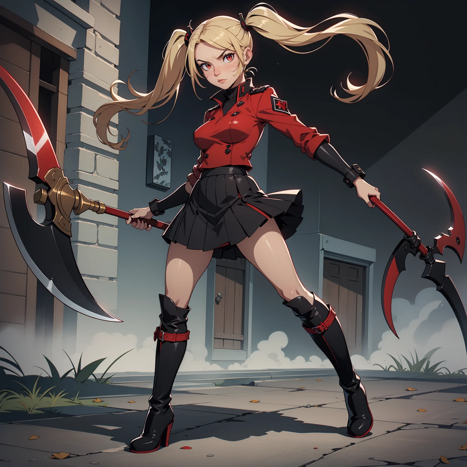 Very detailed, serious facial expression, medium breasts, full body view, blonde hair with twintails, red eyes, looking at viewer, black and red uniform, skirt, black boots, holding scythe, combat pose.