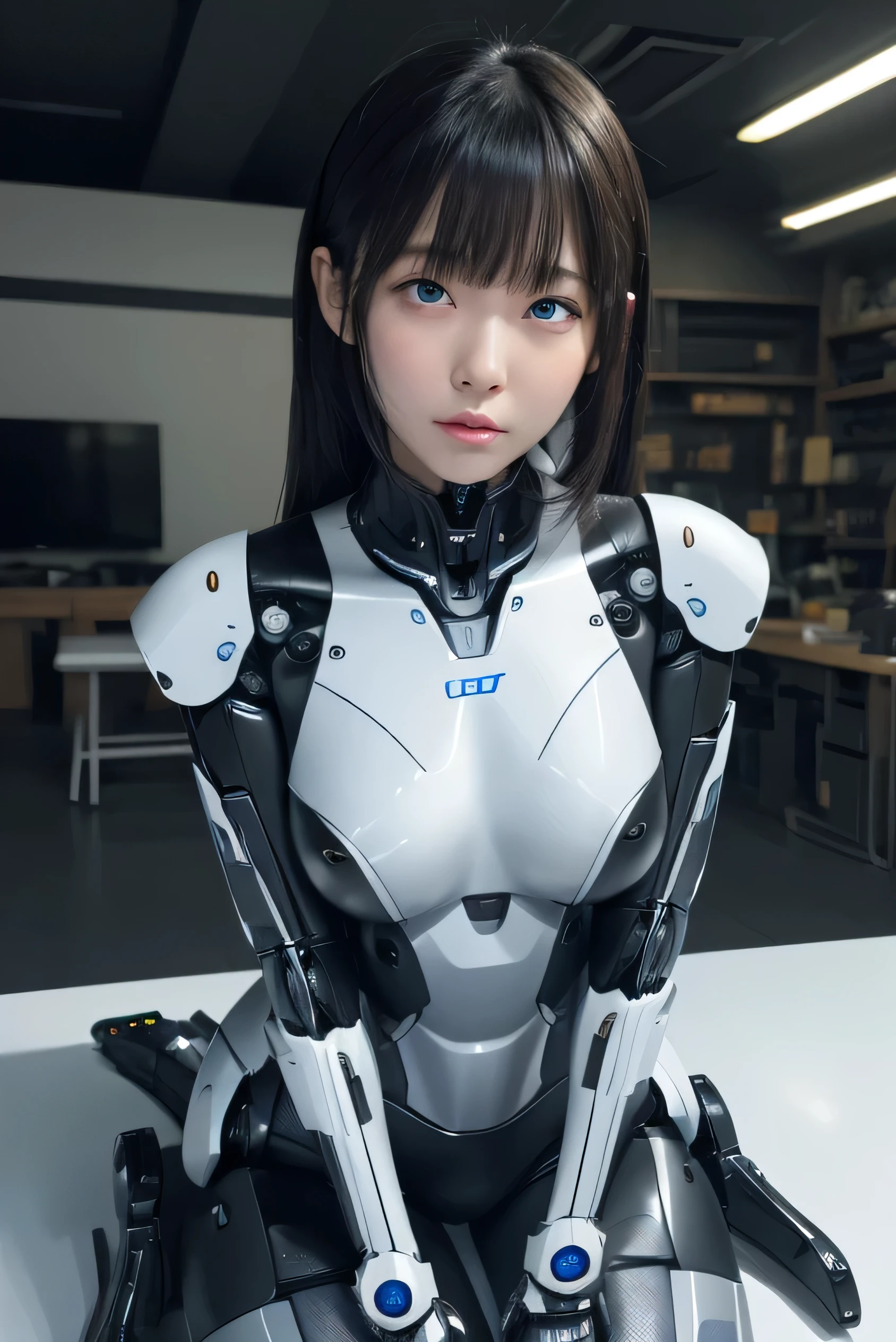 masterpiece, best quality, extremely detailed,8k portrait,Japaese android girl,Plump , control panels,android,Droid,Mechanical Hand, Robot arms and legs, Black hair,Blunt bangs,perfect robot girl,long tube,thick cable connected her neck,android,robot,humanoid,cyborg,japanese cyborg girl ,robot-assembly plant,She has assembled now,assembly scene,white robot body,blue eyes, rolling eyes