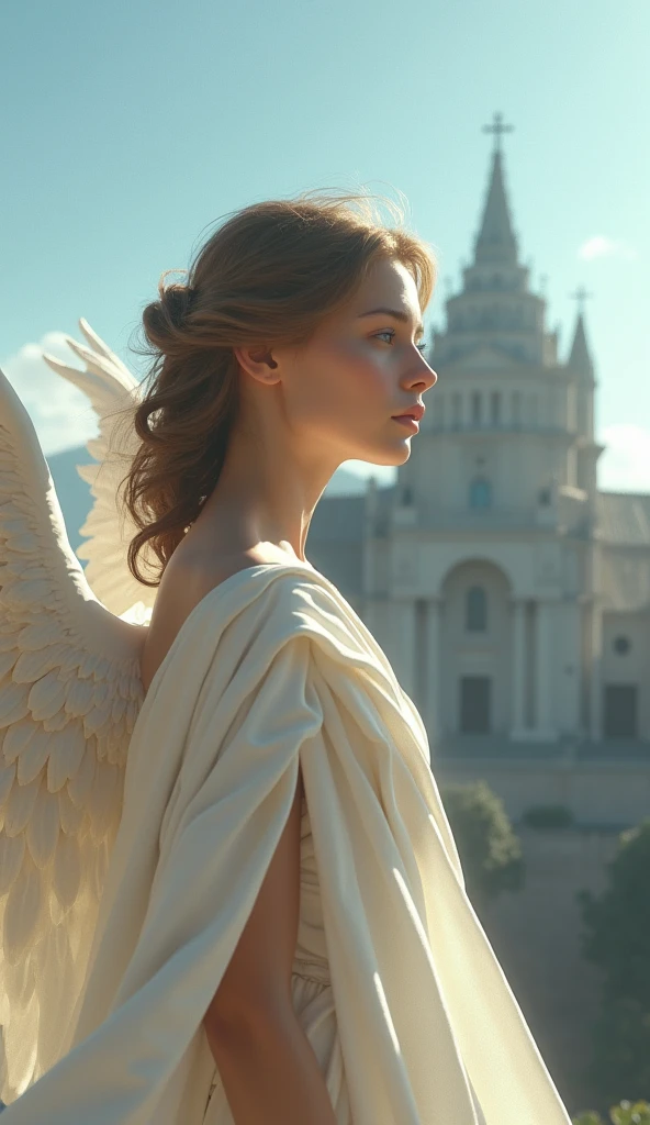 A very beautiful angel dressed in ancient Greek clothing, blue sky, With a medieval European church in the background, Cinematic lighting