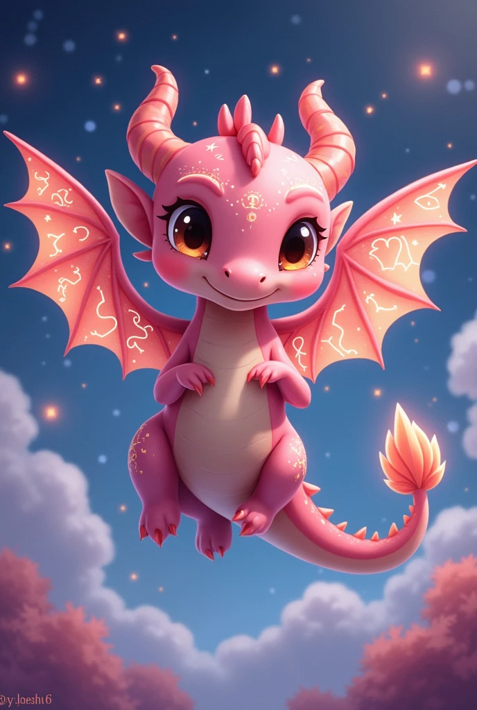 A pink baby dragon with light brown eyes, that on its majestic wings and on its skin it has the astral constellations captured (lines): of the dragon, of the raven and many stars, in a cartoon anime style and this semi-flying
