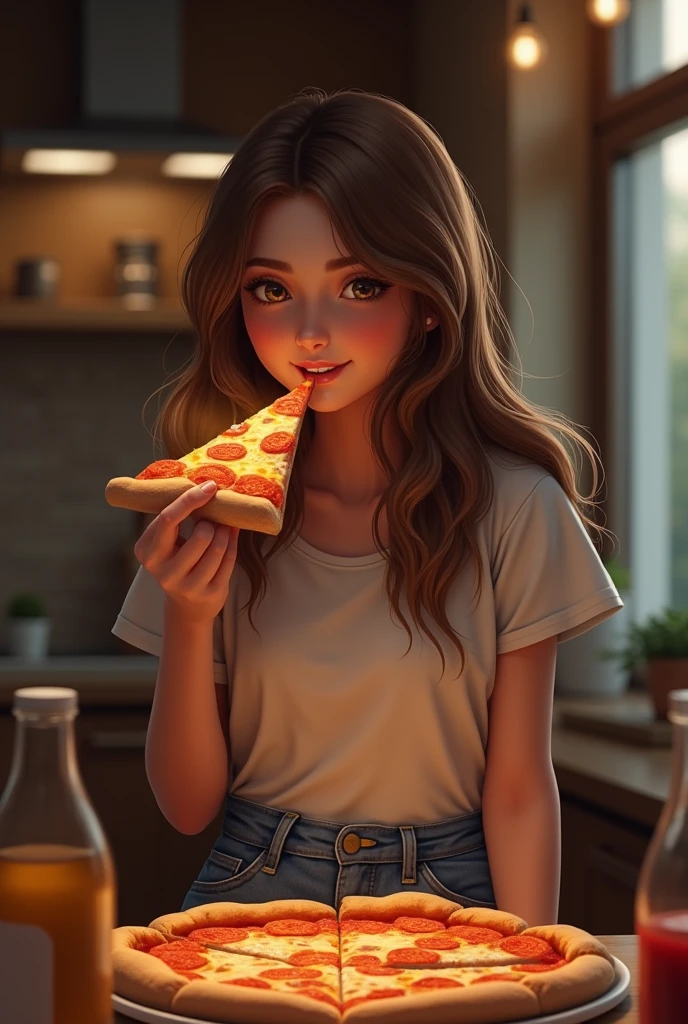 Brown-haired woman eating pizza