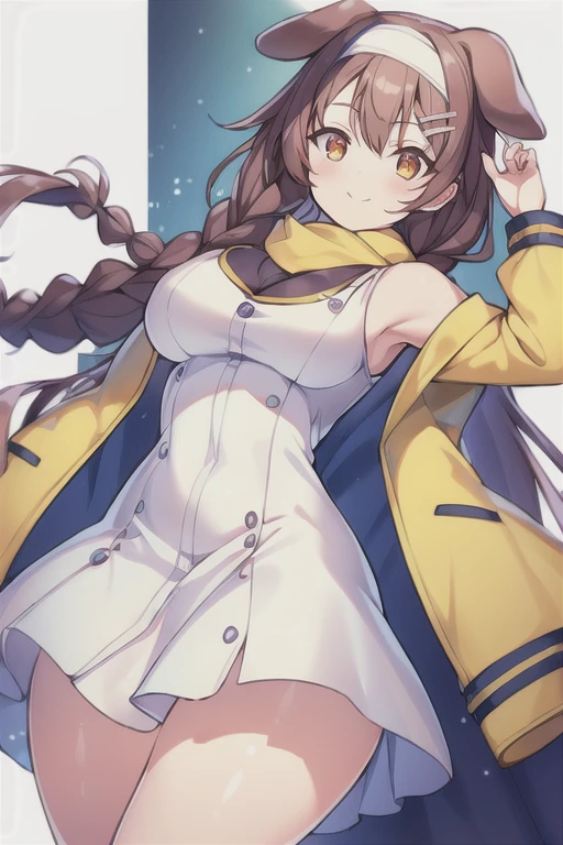 1girl, Korone, smile, dog ears, twin braids, sidelocks, hair ornament, ((white dress)), jacket, yellow jacket, jacket, open clothes, open jacket, dress, short dress, sleeveless dress, huge breasts, wide hips, thick thighs, tall, tall female, mature female, bandana, scarf, hourglass figure, standing,