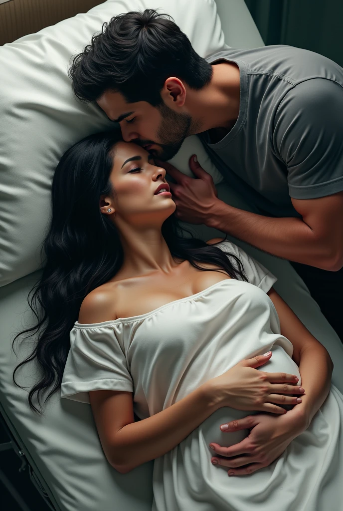 a woman with long, jet-black hair, wearing a hospital gown, lying on a stretcher, with a female doctor in front of her. She has a look of pain on her face. Next to her is a handsome muscular man, with black hair and a chiseled jaw, he is wearing a t-shirt and black pants, he is encouraging her, she is pregnant and is pushing with her eyes closed while she screams in pain and is half raised.