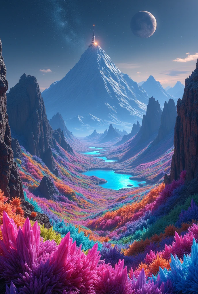 Visualize a scene of an alien planet covered in a lush, exotic landscape. Imagine vast fields of colored crystals reflecting the light of a distant star, creating a multicolored glow. The planet's sky is a deep shade of blue and purple, dotted with stars and with a spiral galaxy visible in the background.
over the horizon, there are mountains of unusual shapes and colors ranging from emerald green to pink, and in a closer place, a lake of glowing liquid that appears to have a metallic hue. On top of one of the mountains, a futuristic structure, similar to an observation tower, is illuminated by a soft light, with antennas and power panels shining against the starry sky.
This image combines elements of cosmic beauty and advanced technology., creating an intriguing and visually stunning environment.
