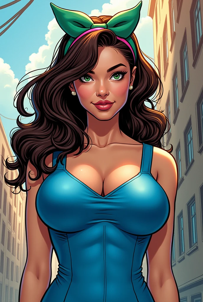 Panel,comic,marvel,Girl,16 years, green and pink bello, green eyes, clear skin, big chest, Blue dress