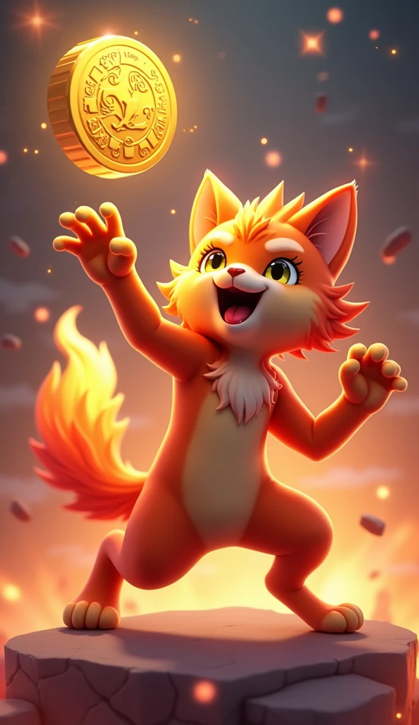 Create a 3D stylized illustration of Ignis, the fiery cat character from the SOLMON universe, in a dynamic pose as he playfully tosses a glowing gold coin into the air. Ignis should be depicted with his signature vibrant orange and red fur, with flames subtly flickering around his body. The gold coin should have intricate, glowing details, reflecting the light of Ignis's flames. The background should be a blend of cosmic and elemental themes, with embers floating in the air and a hint of digital effects to symbolize the NFT nature of the coin. The overall scene should be lively, with a sense of energy and value, capturing Ignis’s playful yet powerful personality
