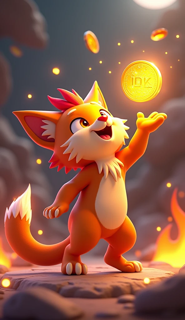 Create a 3D stylized illustration of Ignis, the fiery cat character from the SOLMON universe, in a dynamic pose as he playfully tosses a glowing gold coin into the air. Ignis should be depicted with his signature vibrant orange and red fur, with flames subtly flickering around his body. The gold coin should have intricate, glowing details, reflecting the light of Ignis's flames. The background should be a blend of cosmic and elemental themes, with embers floating in the air and a hint of digital effects to symbolize the NFT nature of the coin. The overall scene should be lively, with a sense of energy and value, capturing Ignis’s playful yet powerful personality