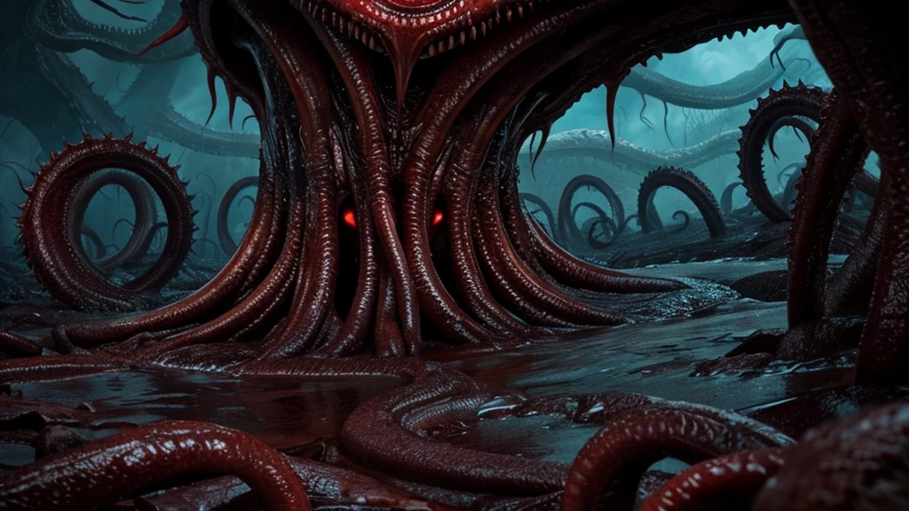 Eldritch horror landscape with writhing flesh, all seeing eyes, toothy maws, lashing tentacles