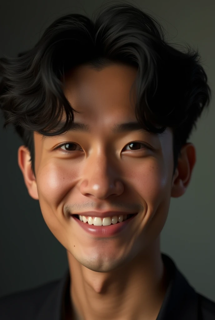 a handsome young man with wavy black hair, black eyes, a dimple on his left cheek, beautiful smile, cinematic lighting, detailed facial features, sharp focus, realistic, photorealistic, high resolution, 8k, best quality, masterpiece