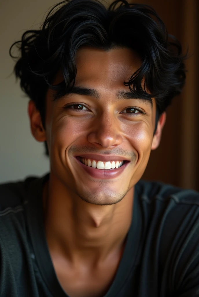 a handsome young man with wavy black hair, black eyes, a dimple on his left cheek, beautiful smile, cinematic lighting, detailed facial features, sharp focus, realistic, photorealistic, high resolution, 8k, best quality, masterpiece