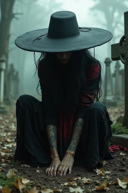 Pombagira Maria rag of souls, works in the cemetery. Wear a round black hat, boho style that covers the eyes, wear black and dark red rags, long, disheveled black hair, lowered/squat