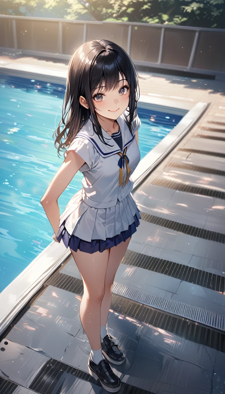 A realistic Japanese high school girl standing alone by the poolside of an empty school.、Summer uniform、Long black hair、mini skirt、Cute face like an idol、Smiling、Full body portrait