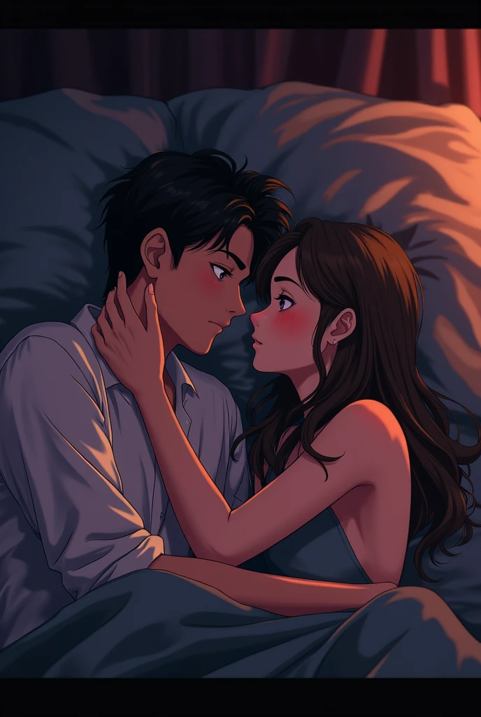 "Create an anime-style image featuring a 21-year-old boy and girl lying together on a single bed in a dimly lit, intimate room with a dark atmosphere. The boy has a flirty, intense expression, his eyes filled with desire, while the girl, blushing deeply, lies beside him with a mix of and attraction. Both are wearing modern clothing; the boy in a stylish, fitted shirt and the girl in a contemporary, slightly disheveled outfit. The room is bathed in deep shadows, with the darkness creating a mysterious, intimate vibe. Soft, luxurious fabrics like dark silk sheets and heavy curtains enhance the sensual, intimate setting, emphasizing the charged, close moment between them."