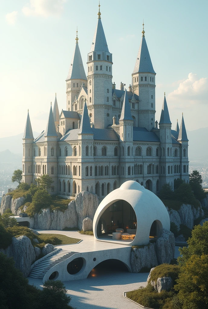 A scene that represents historical continuity, like a view of a castle with modern elements.