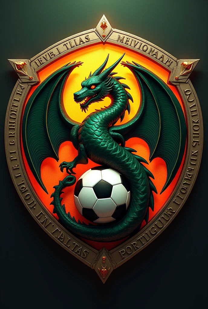 Draw a circular shield, with centralized dragon, with the colors green, black and orange and a small soccer ball .but write correctly. a.a.DRaGÕES Da PONTE EM EM VOLTa EM PORTUGUÊS
