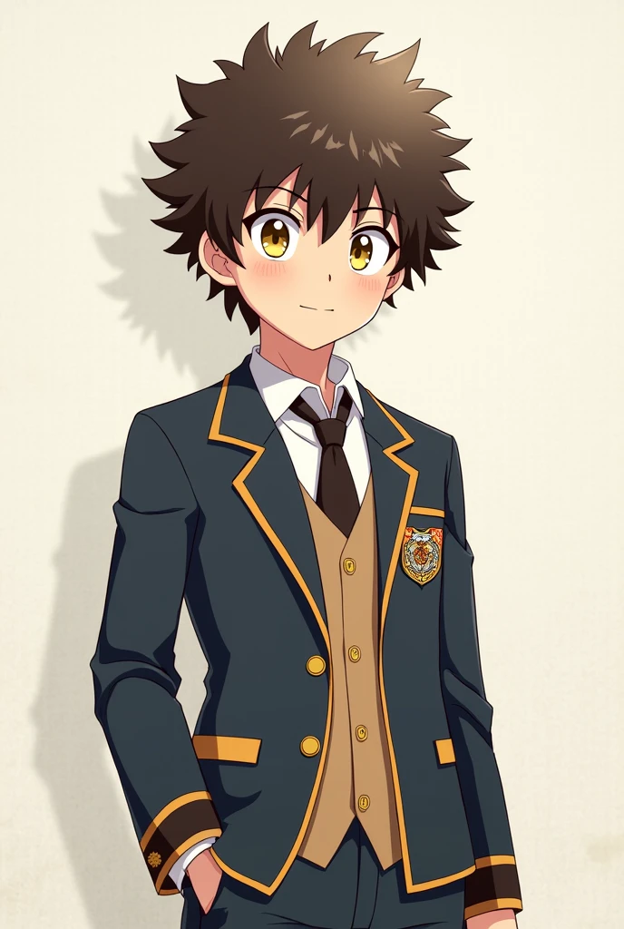Brown-haired boy , Brown eyes , with light skin, average build, wearing the UA MY HERO ACADEMIA uniform