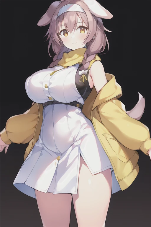 1girl, Korone, smile, dog ears, twin braids, sidelocks, hair ornament, ((white dress)), jacket, yellow jacket, jacket, open clothes, open jacket, dress, short dress, sleeveless dress, huge breasts, wide hips, thick thighs, tall, tall female, mature female, bandana, scarf, hourglass figure, standing,