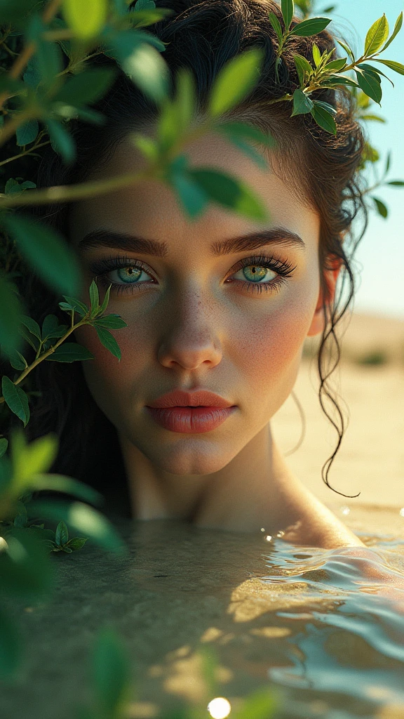 a lush mangrove forest on the left, a dry desert landscape on the right, two very different environments, beautiful detailed eyes, beautiful detailed lips, extremely detailed eyes and face, long eyelashes, 1girl, photorealistic, 8k, highres, masterpiece, ultra-detailed, realistic, physically-based rendering, vivid colors, dramatic lighting, fantasy, surreal, cinematic