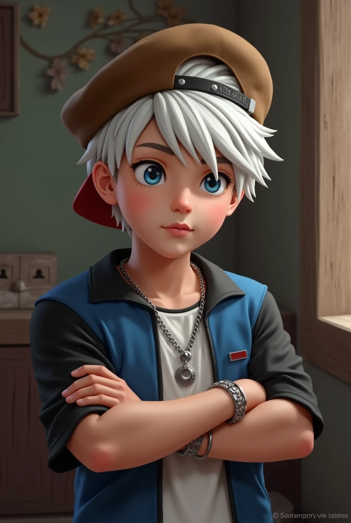 
Realistic young character, crossed arms, White hair, brown cap, blue and black shirt, silver chain, in the room with decorated wall