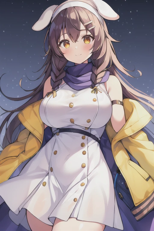 1girl, Korone, smile, dog ears, twin braids, sidelocks, hair ornament, ((white dress)), jacket, yellow jacket, jacket, open clothes, open jacket, dress, short dress, sleeveless dress, huge breasts, wide hips, thick thighs, tall, tall female, mature female, bandana, scarf, hourglass figure, standing,